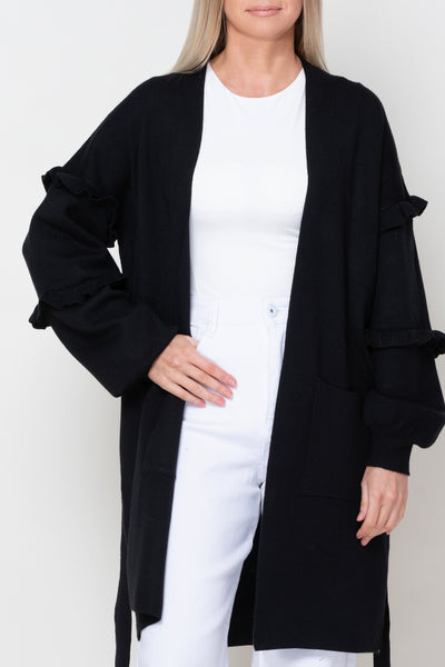 Nero Black Longline Cardigan With Frilled Sleeves