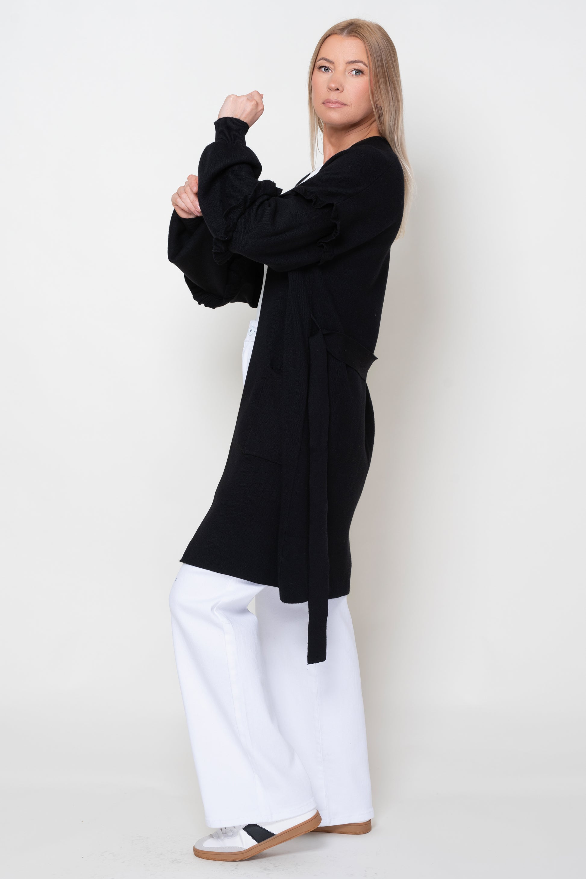 Nero Black Longline Cardigan With Frilled Sleeves