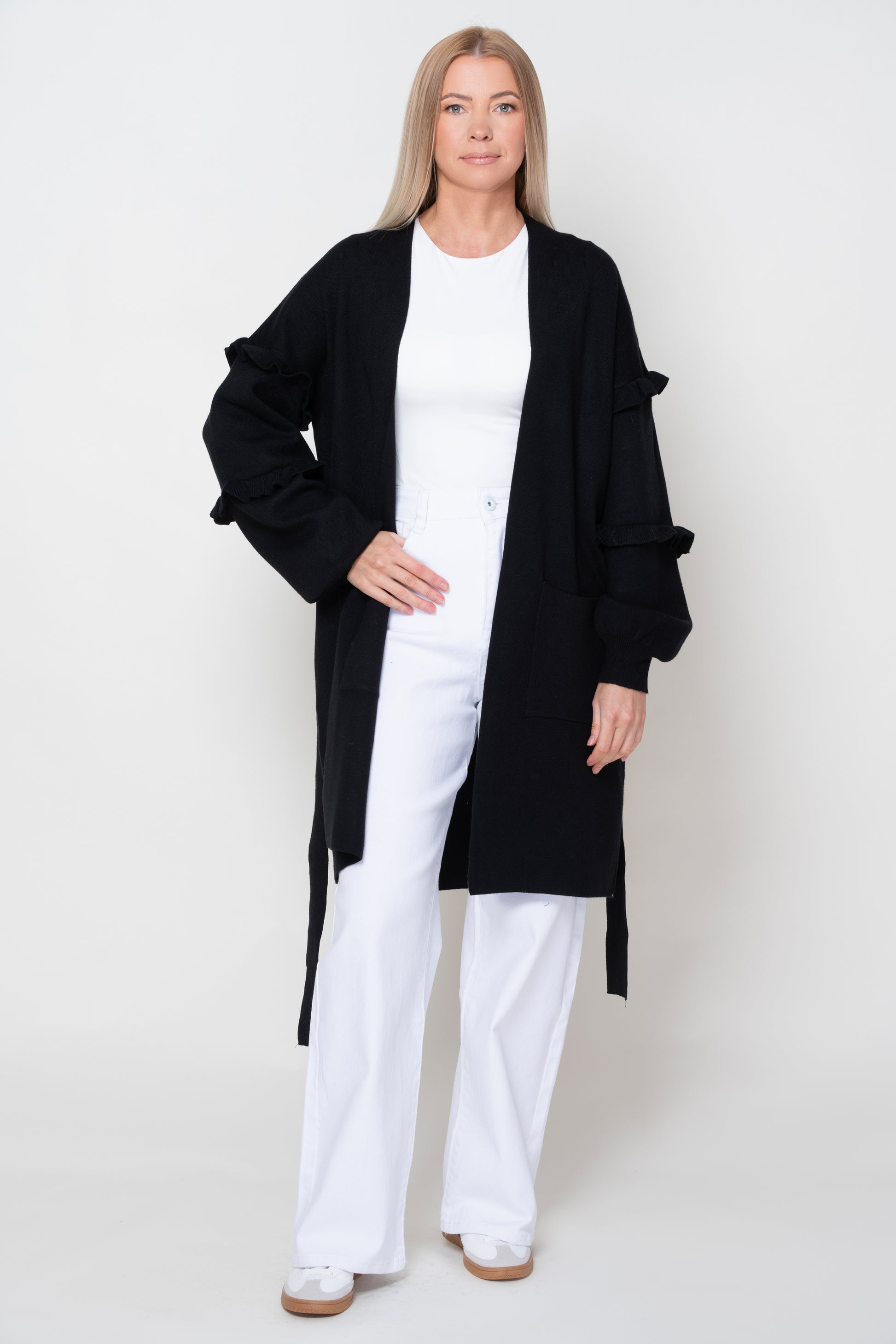 Nero Black Longline Cardigan With Frilled Sleeves
