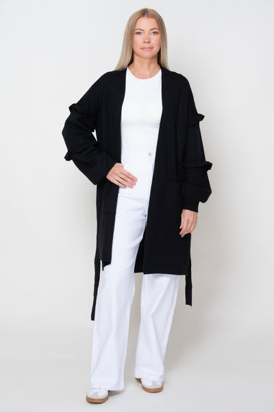 Nero Black Longline Cardigan With Frilled Sleeves