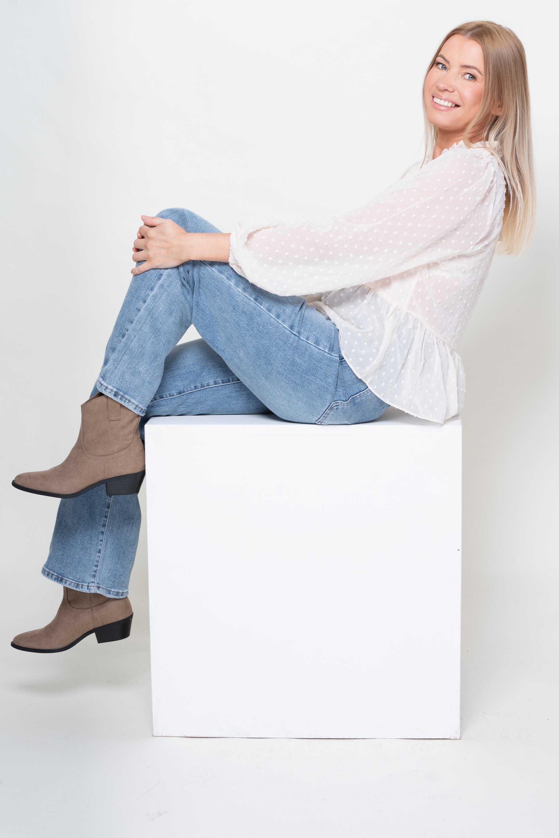 Posy Cream Long Sleeved Blouse With Frilled Waist