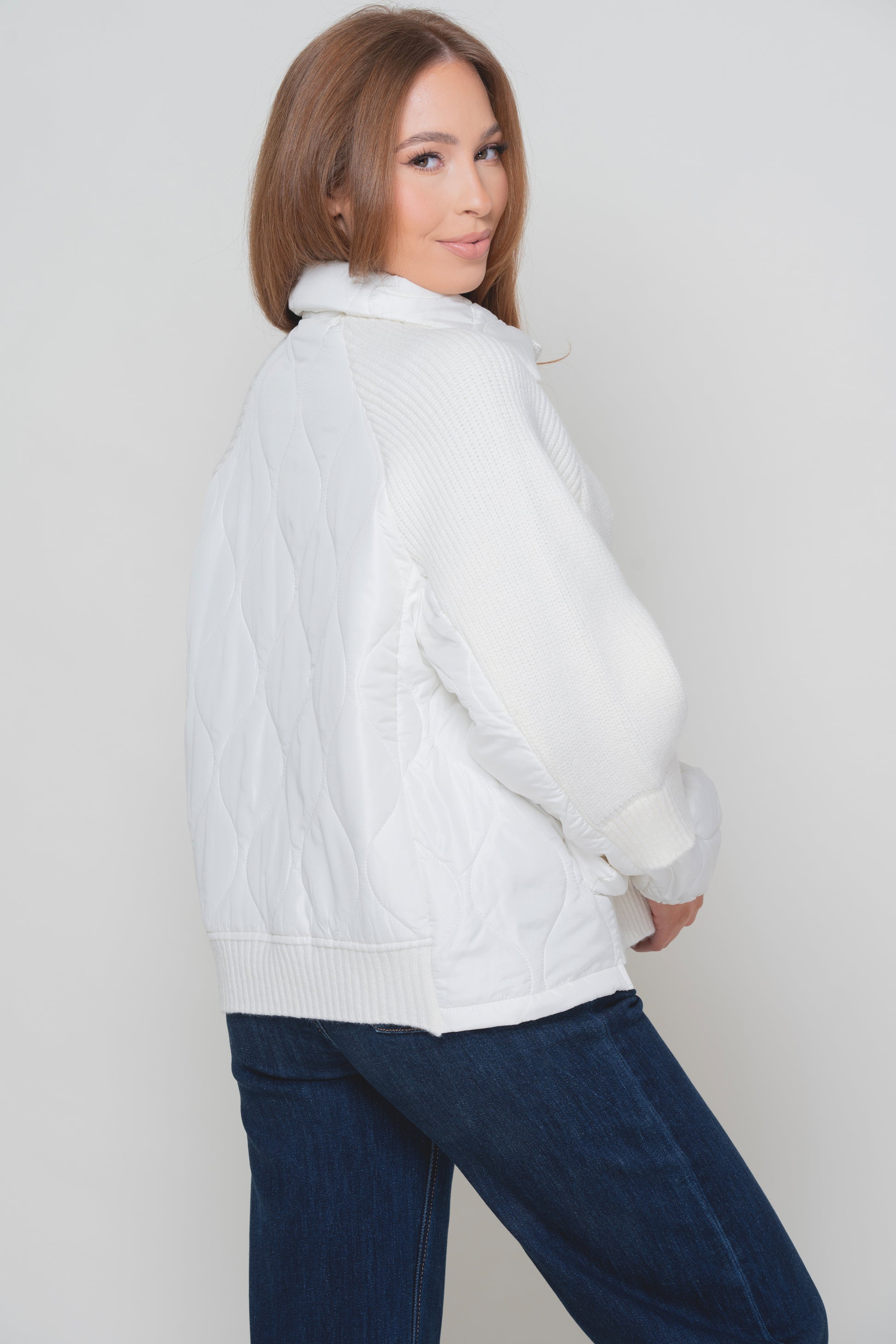 Snowflake Off White Rib Knit Quilted Jacket