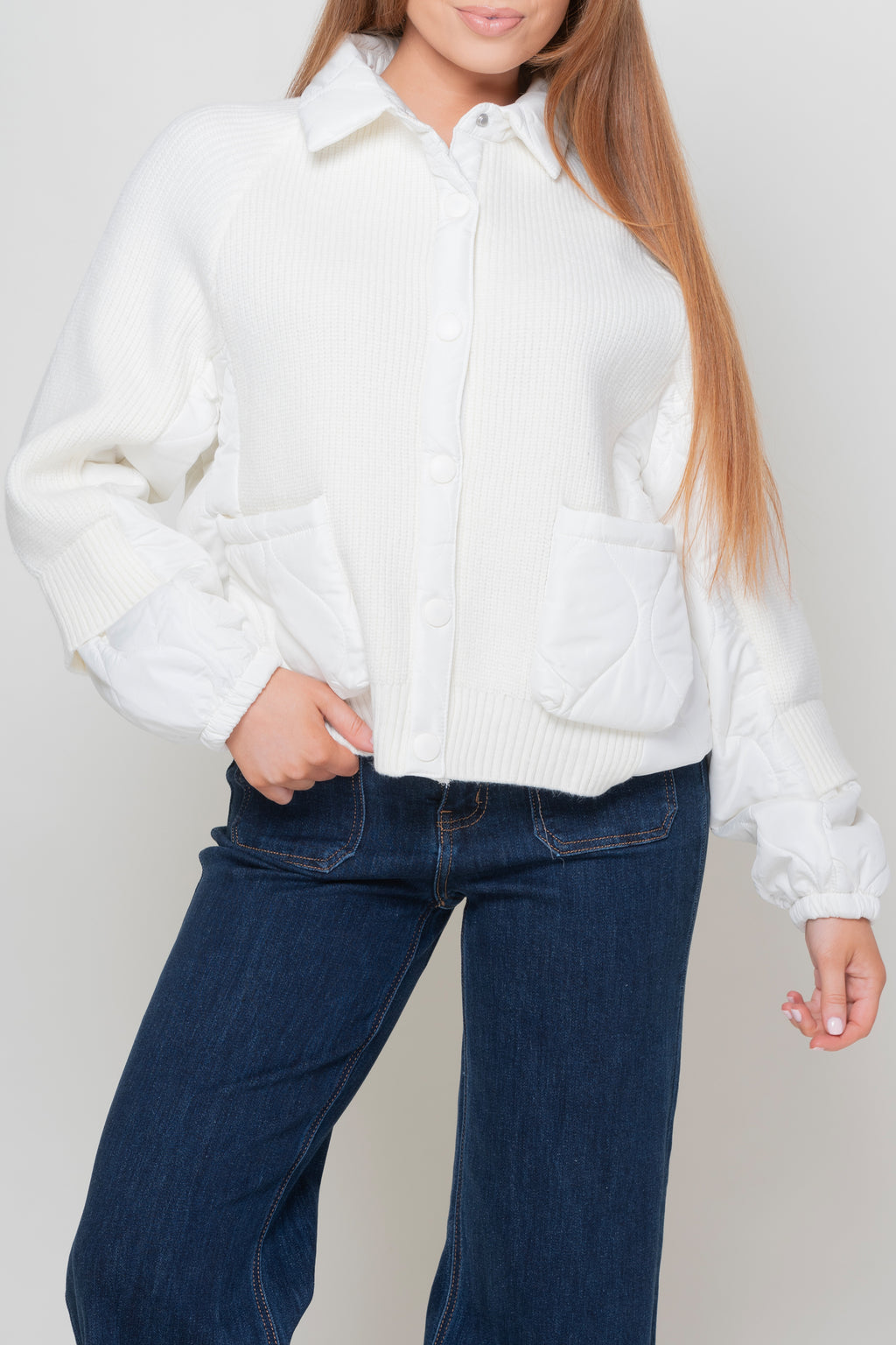 Snowflake Off White Rib Knit Quilted Jacket