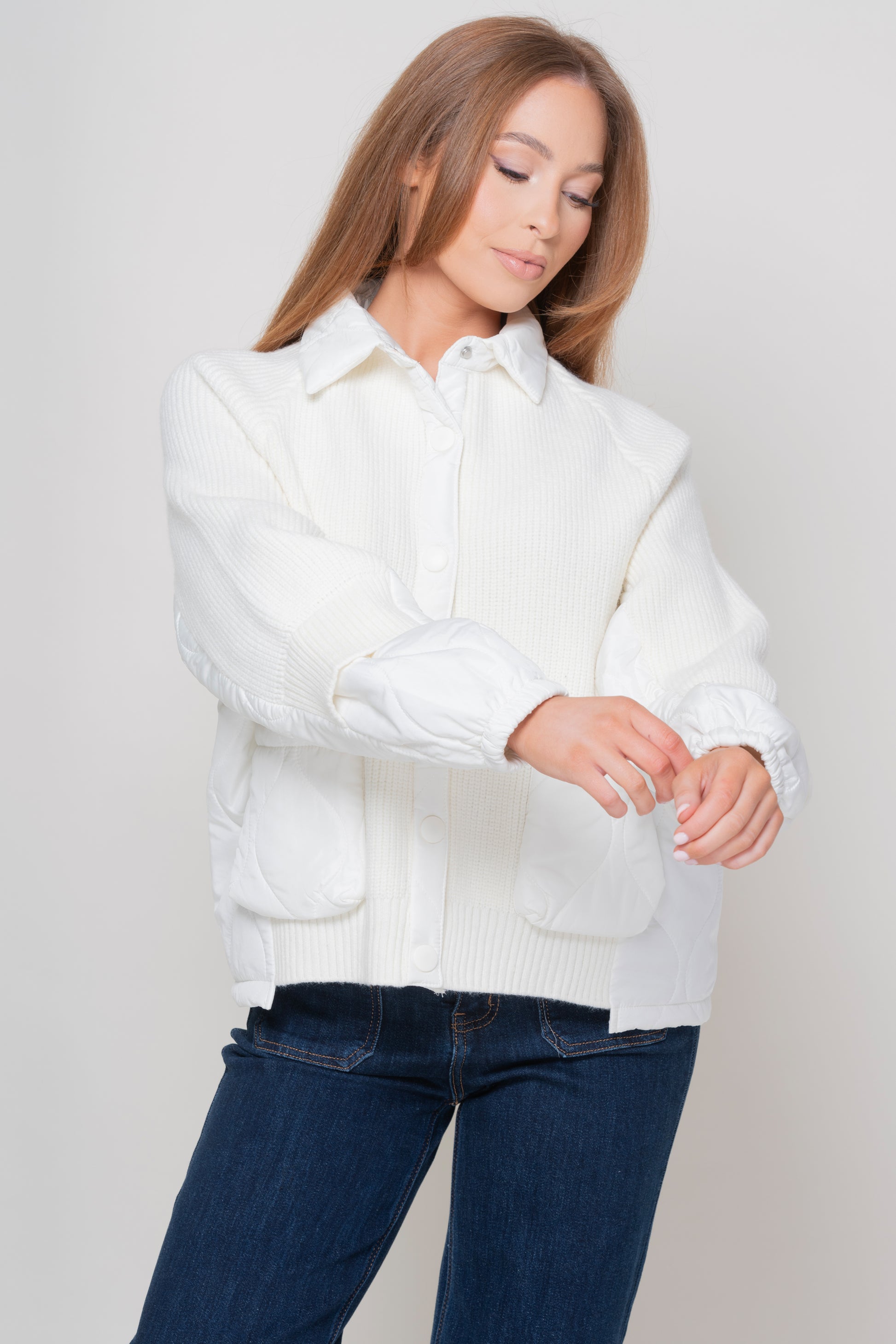 Snowflake Off White Rib Knit Quilted Jacket